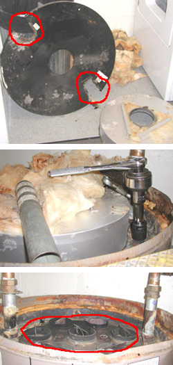 A composite of three photos: top, how you can cut the outer cover around the plumbing, when the anodes are outside of the inner cover, to get the outer cover off without disconnecting the plumbing; second, showing what is under such a cover; third: what is under the inner cover