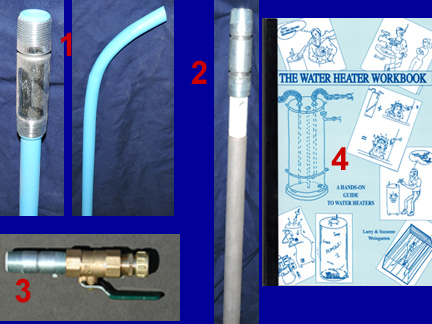 Composite showing components of a Water Heater Rescuer Kit