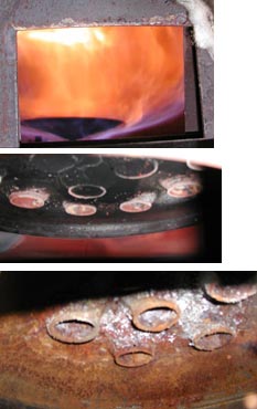 Una flama de calentador demasiado amarillo, una senala de problemas, como hollin, en el segundo photo, o herrumbre en la tercera