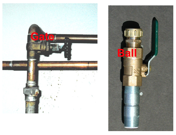 A gate valve on a commercial heater is compared to a ball-valve drain assembly